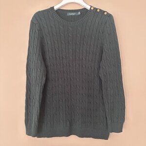 Lauren Ralph Lauren Women 1X Hunter Green Cable Knit Sweater Gold Buttons Preppy